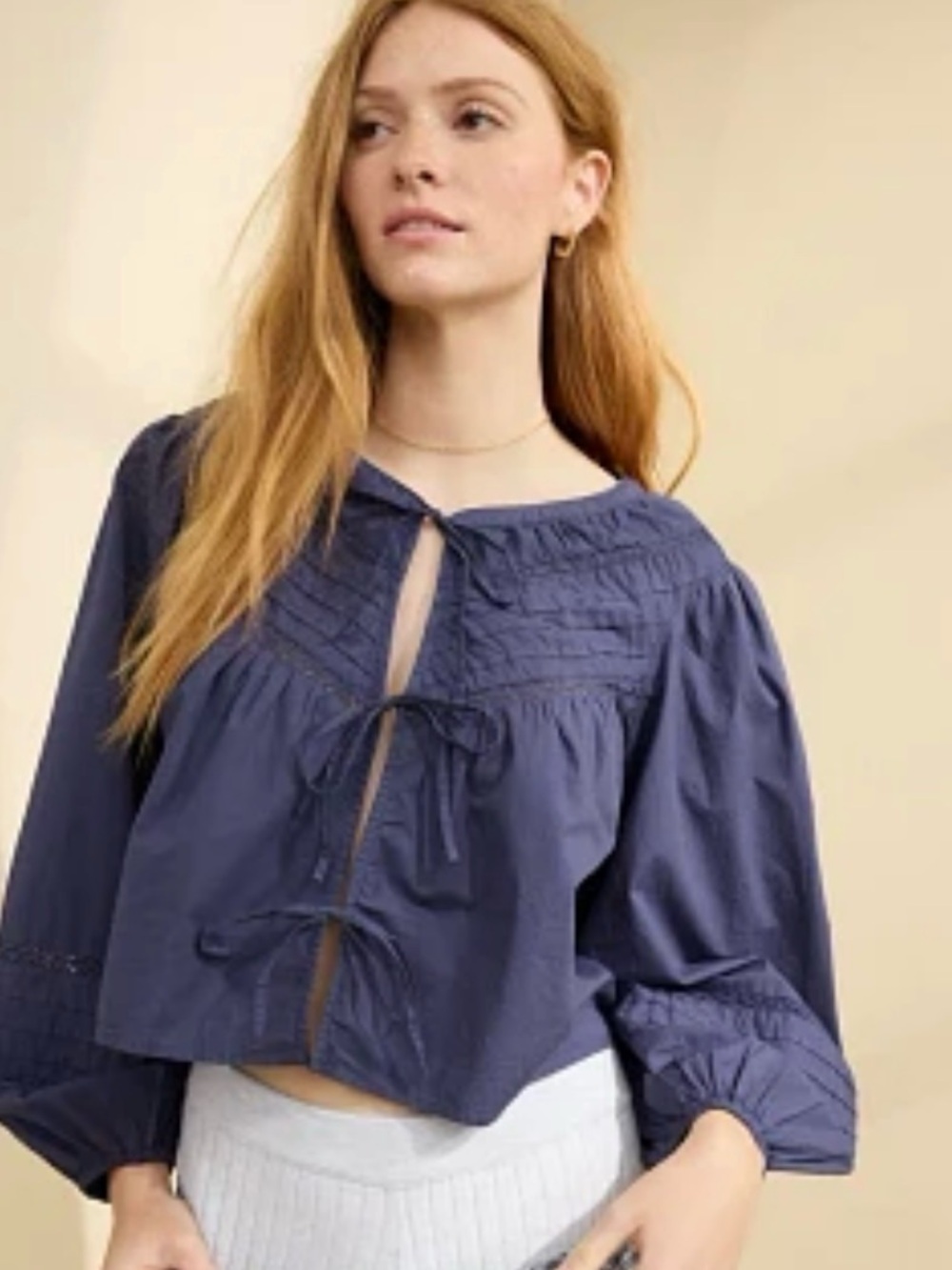 Women's black Peasant Tie-Front Top